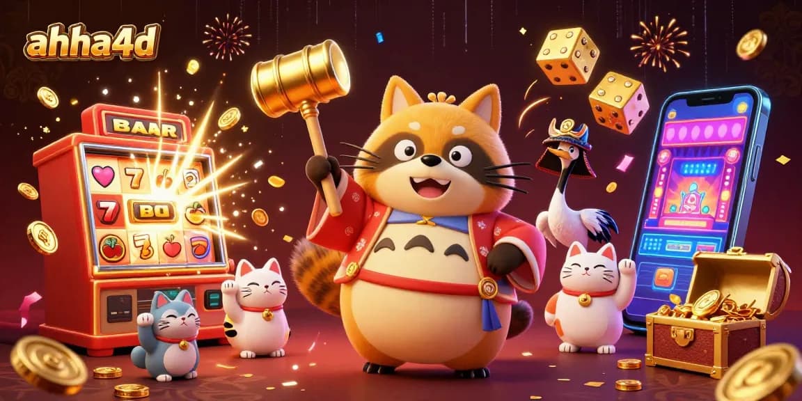 Spin the reels in ahha4d with a cheerful tanuki, lucky symbols, and vibrant casino elements.