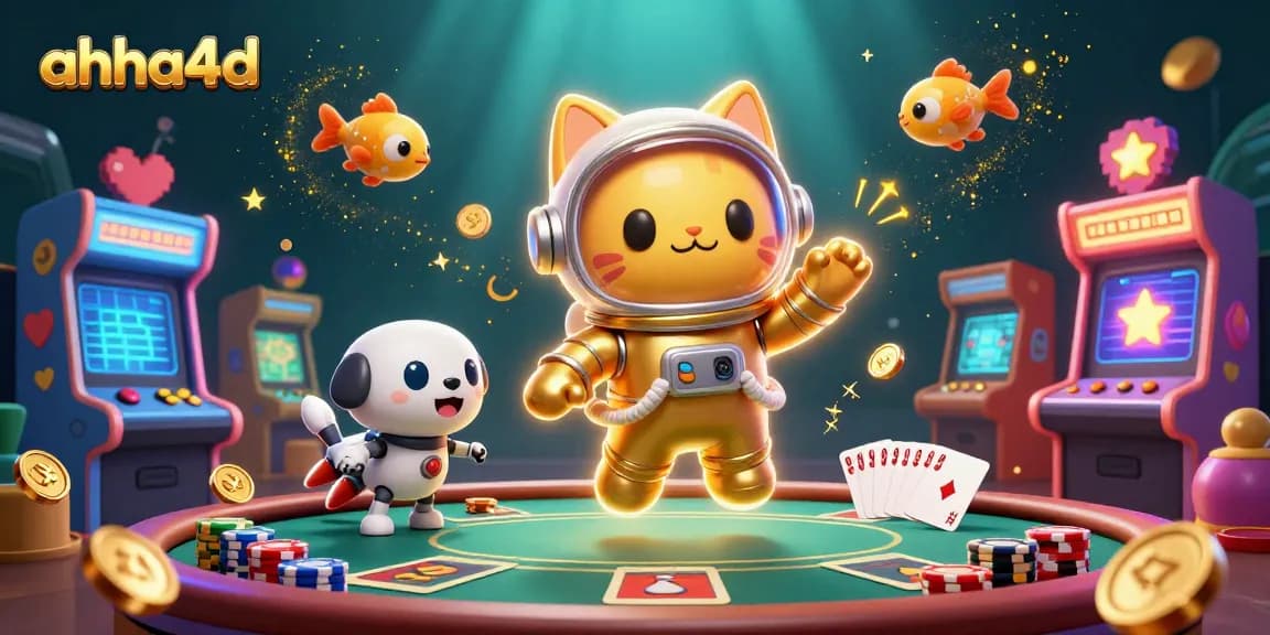 Menghadirkan ahha4d, ilustrasi 3D penuh warna di kasino dengan astronaut kucing dan robot anjing.