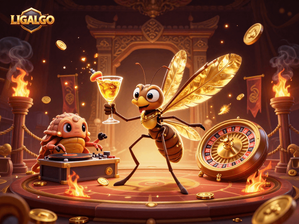 Experience the thrill of LIGALGO with a casino mascot and exciting gaming elements in this vibrant 3D illustration.
