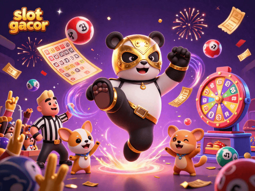 Menangkan slot gacor dengan panda pegulat 3D memberikan tendangan terbang yang spektakuler