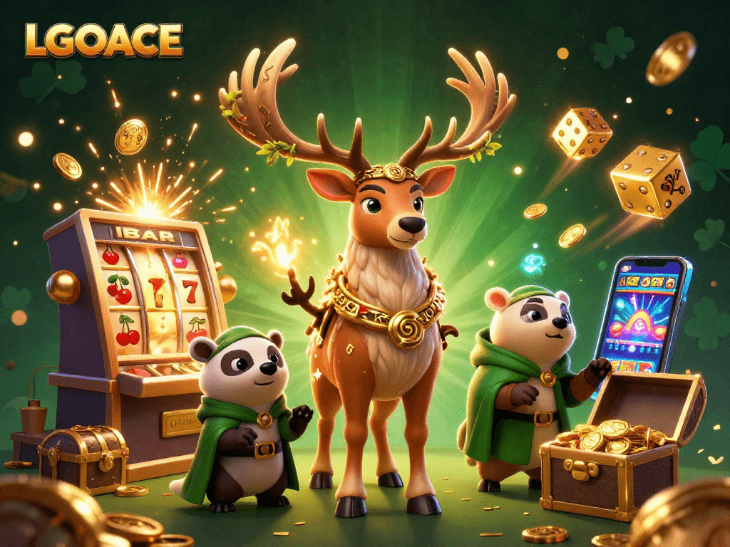 LGOACE illustrated scene with Celtic druid stag and a badger amid a jackpot explosion at a vibrant casino