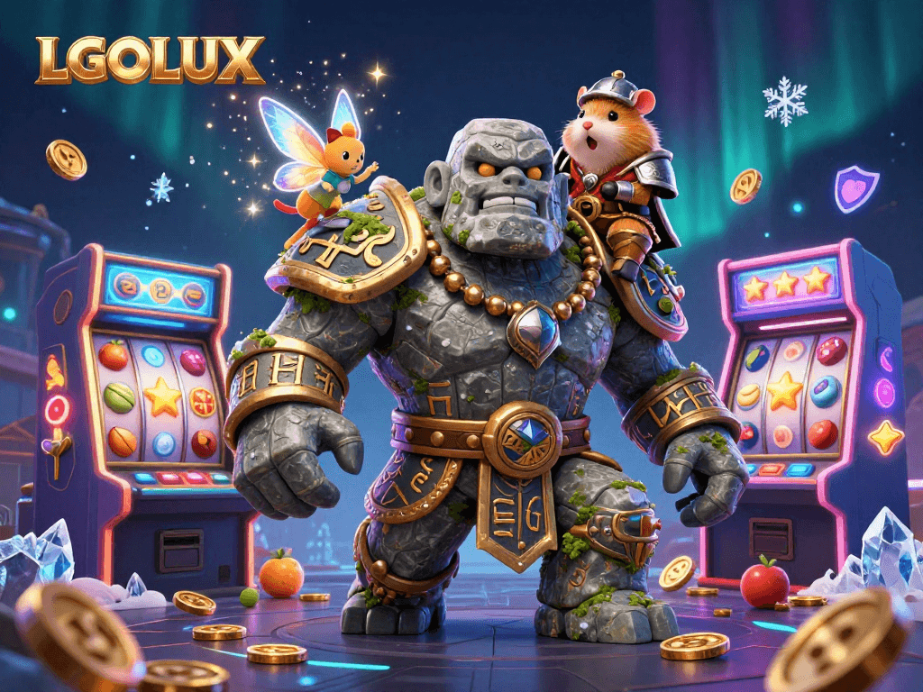 Engage in thrilling gameplay with LGOLUX, where a golem guardian, fairy, and hamster knight bring slot machine excitement to life.
