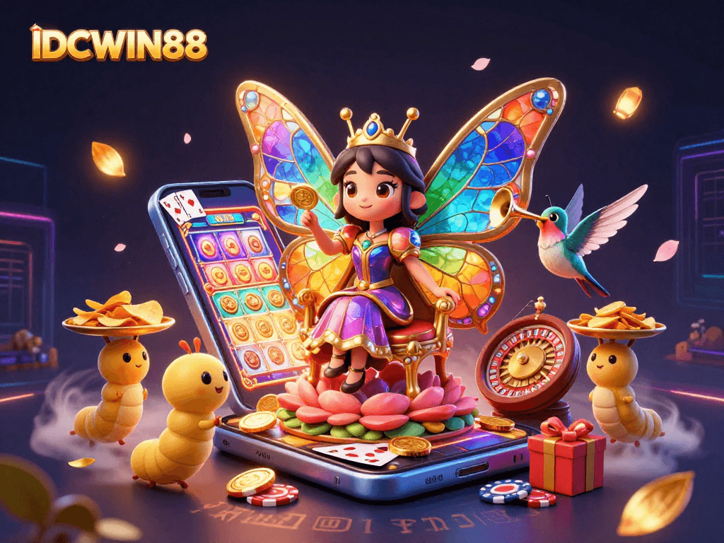 Experience excitement at IDCWIN88 with a vibrant 3D illustration featuring a butterfly queen and slot game elements.