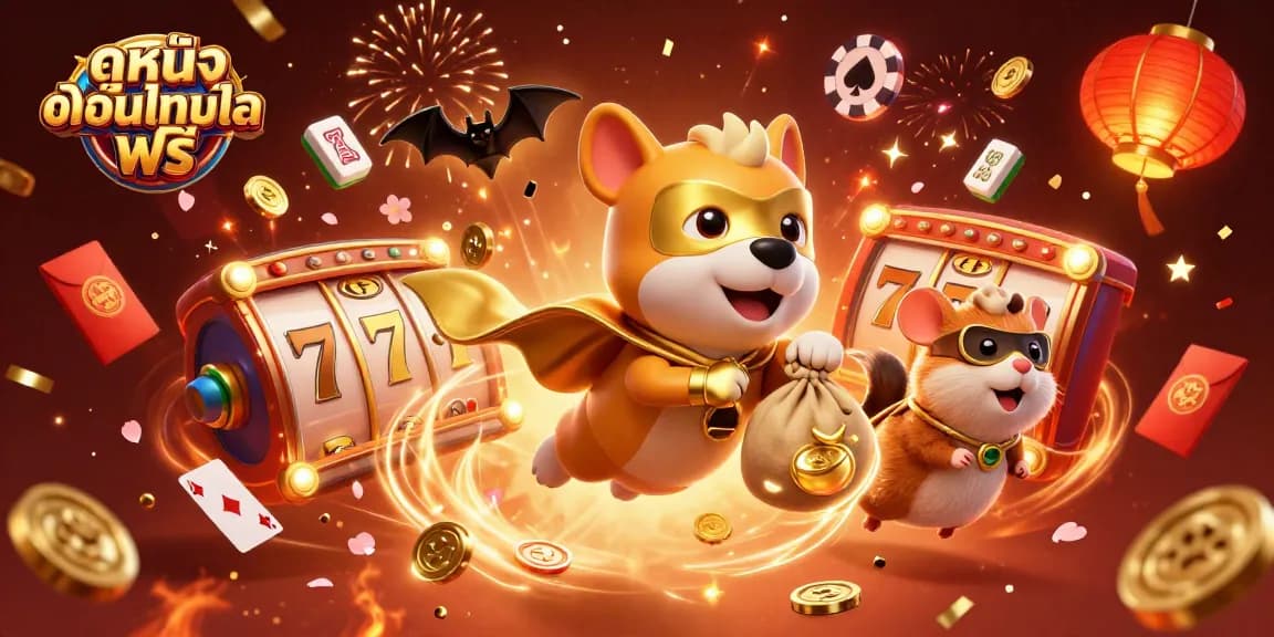 Engage in thrilling ดูหนังออนไลน์ฟรี adventures with our superhero dog and hamster in a vibrant casino-themed scene.