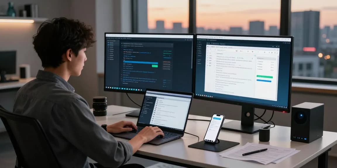 IT professional configuring a proxy browser in an advanced tech workspace