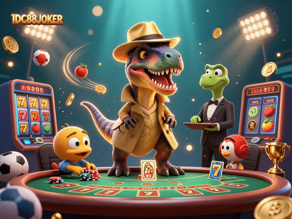 Engage in thrilling gaming at IDC88JOKER with a vibrant casino scene featuring dynamic characters and action.