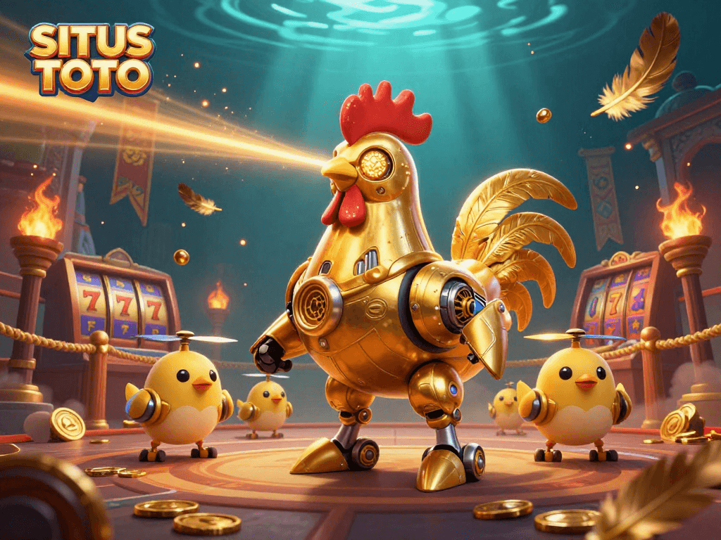 SITUS TOTO menyajikan ilustrasi 3D dengan robot ayam futuristik dan elemen slot yang menarik.