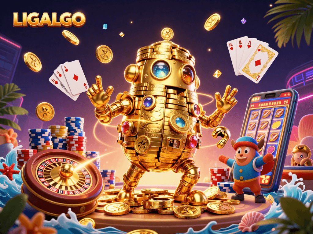 LIGALGO engaging players with a golden golem, spinning roulette, and cascading coins in a vibrant casino scene