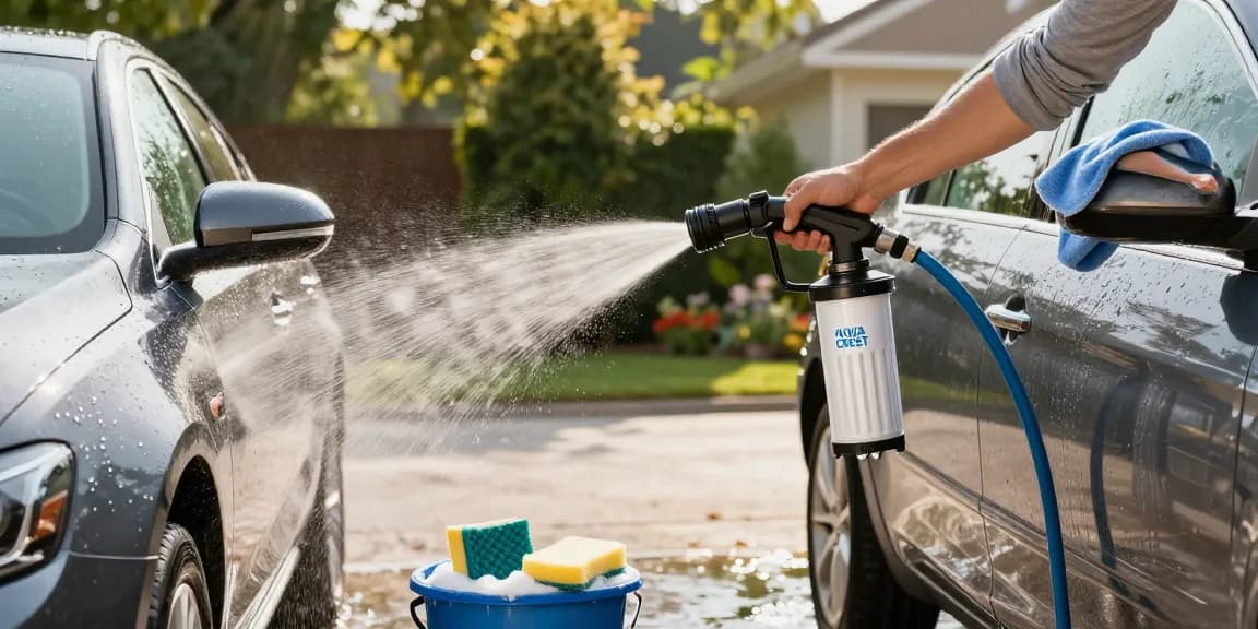 AQUA CREST Inline Water Filter, Dedicated for Car Washing in use, person washing car, showcasing spotless finish.