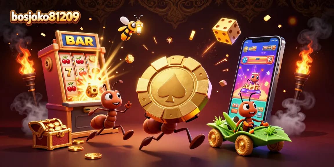 Ant tim 3D bosjoko81209 mencuri chip poker emas dengan simbol jackpot dan koin bersinar.