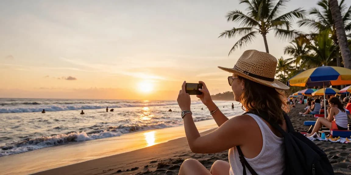 Pengunjung paketliburanbali.com menikmati senja di pantai Bali, dikelilingi suasana santai dan pemandangan indah.