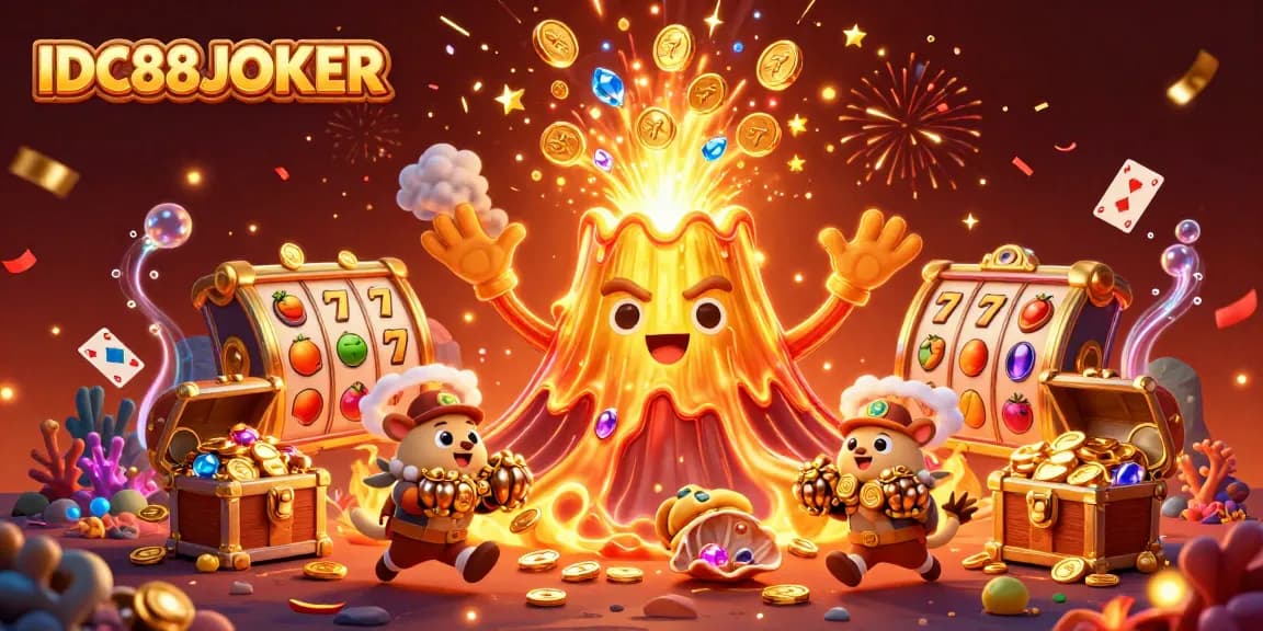 Experience thrilling moments with IDC88JOKER, featuring a vibrant 3D scene of winning slot adventures.