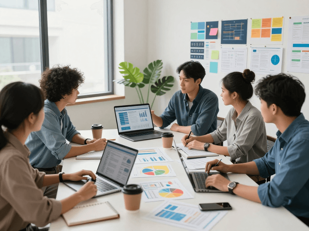 Tim profesional berdiskusi strategi pemasaran martil4d di ruang kantor modern dengan suasana kolaboratif.
