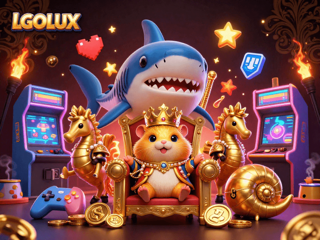 Experience strategic wins at LGOLUX with a fierce golden hamster king amid vibrant gaming elements.