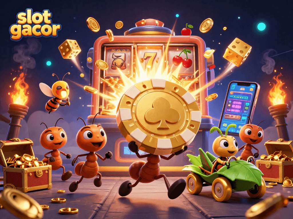 Ants melakukan pencurian dalam slot gacor dengan simbol keberuntungan di sekelilingnya.