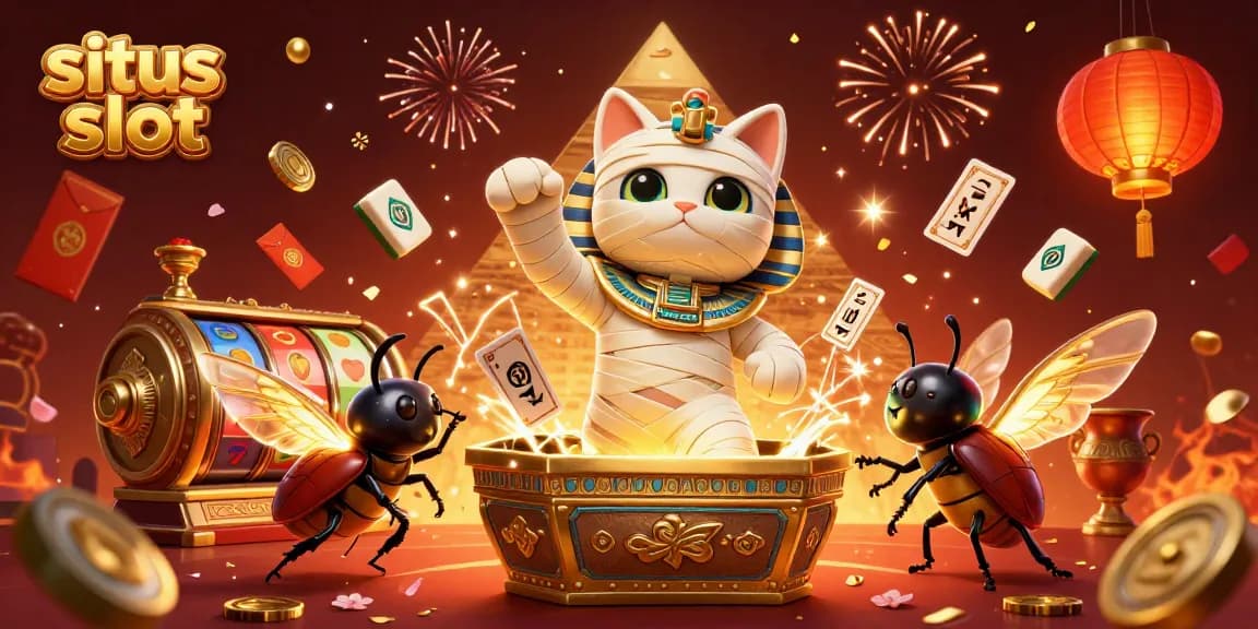 Experience the excitement of situs slot with a 3D mummy cat, golden reels, and vibrant casino elements.