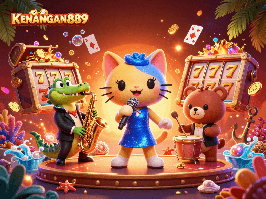 Experience the exciting world of KENANGAN889 with vibrant 3D casino characters surrounded by jackpot elements.