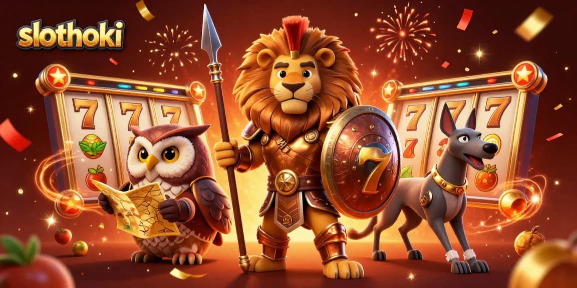 Menangkan jackpot dengan slothoki dalam ilustrasi kasino megah menampilkan simbol buah dan gulungan slot.