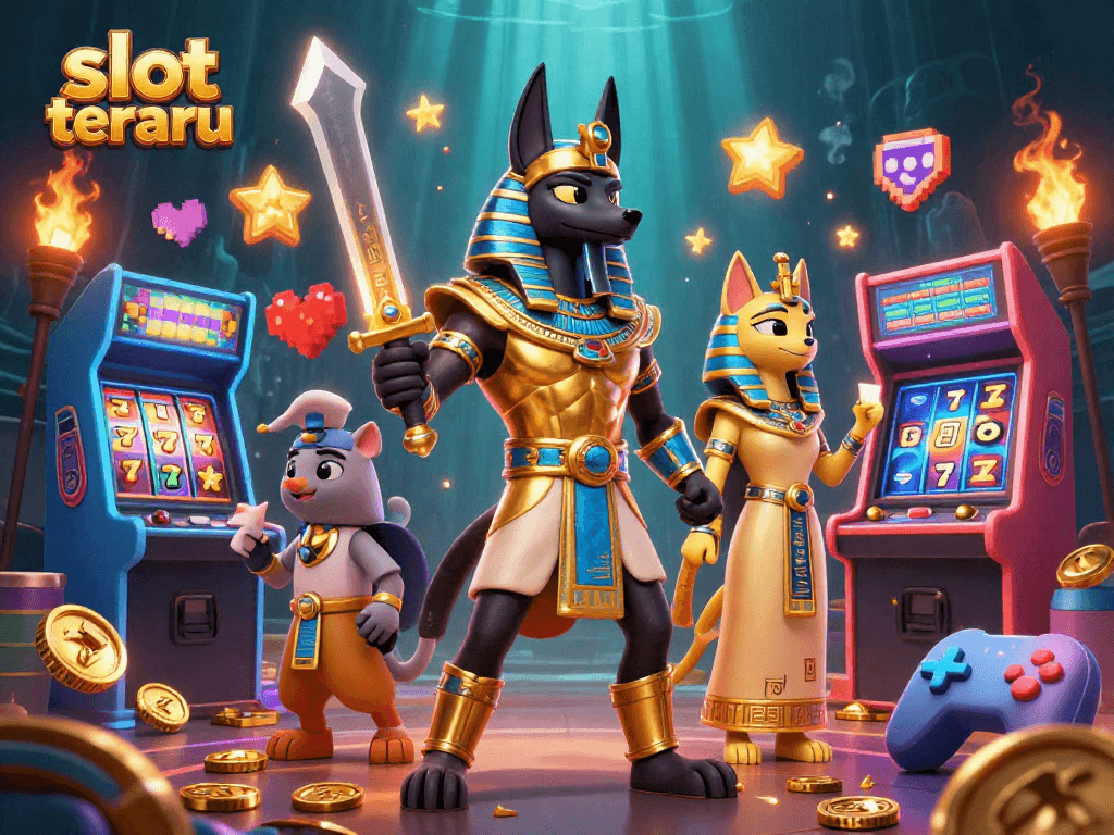 Spin the reels at slot terbaru with Anubis and Bastet amid glowing game elements.