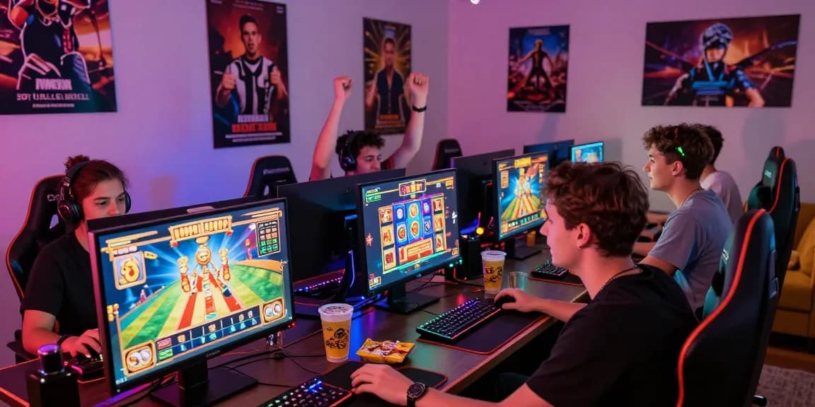 Exciting online slot gaming scene showcasing friends celebrating wins together