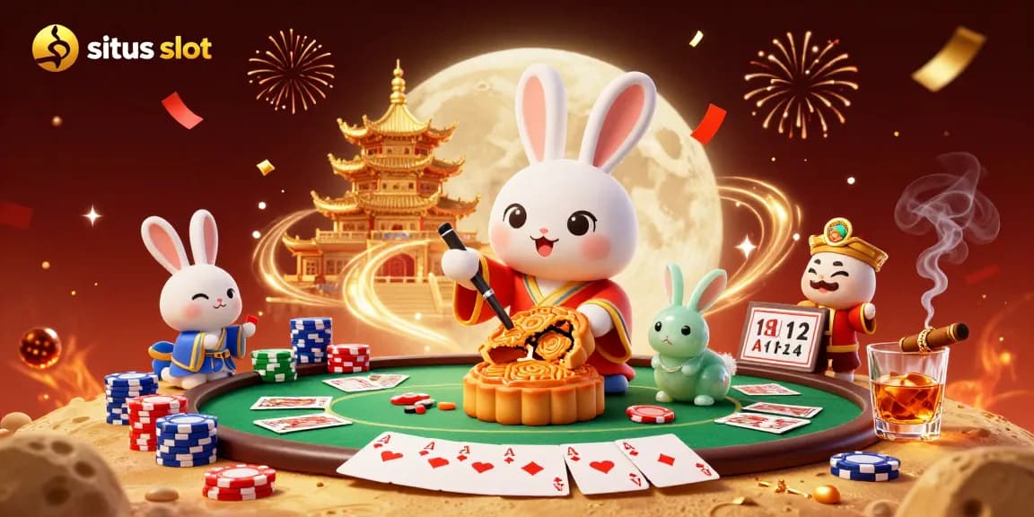 Situs slot illustration of a moon rabbit on a lunar surface with poker chips and casino elements.