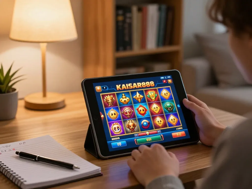 Kaisar888slot player enjoying online gaming experience in a cozy living room environment.