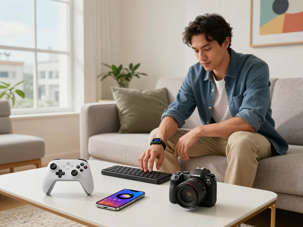 The best tech gadgets for men displayed in a modern urban apartment setting, highlighting Bluetooth devices like the 8BitDo Ultimate 2 controller and FitBit Charge 6.