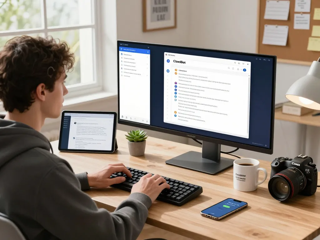 Dynamic home office scene featuring a user engaging with ClawdBot AI on dual screens, showcasing automation and productivity in a tech environment.