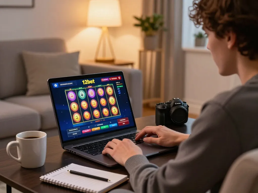 Người chơi đang tham gia vào một trò chơi slot trên nền tảng 12bet, minh họa bầu không khí cờ bạc thư giãn tại nhà.
