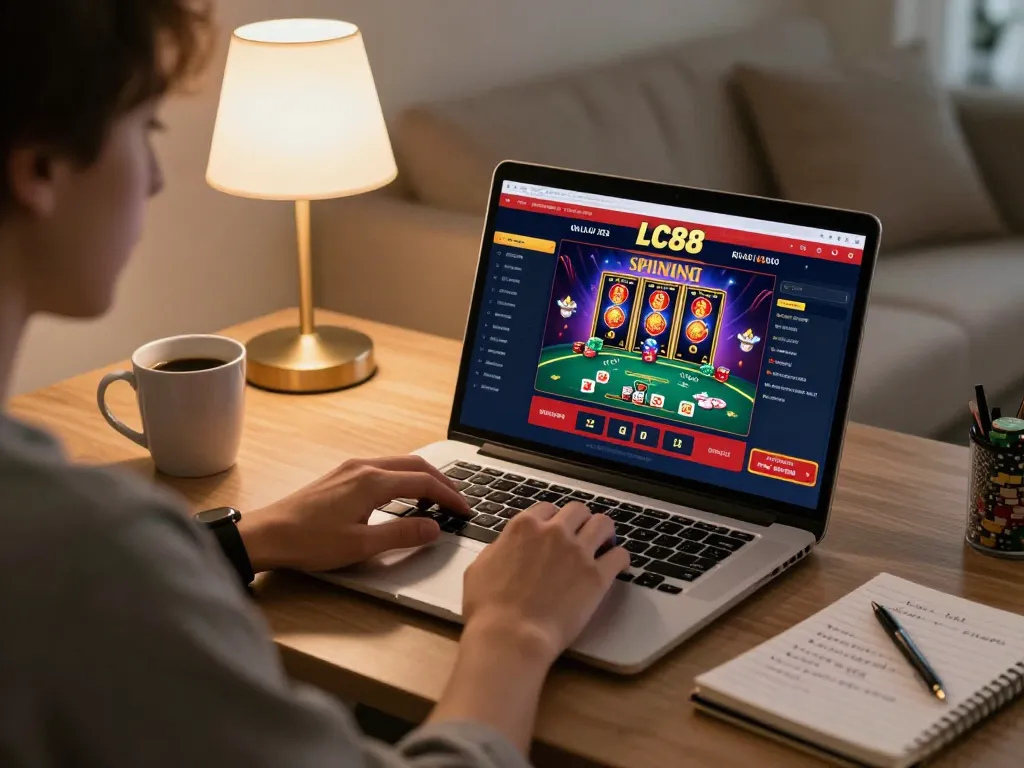 Engaging online gaming setup with LC88 platform on laptop, showcasing responsible gambling strategies.