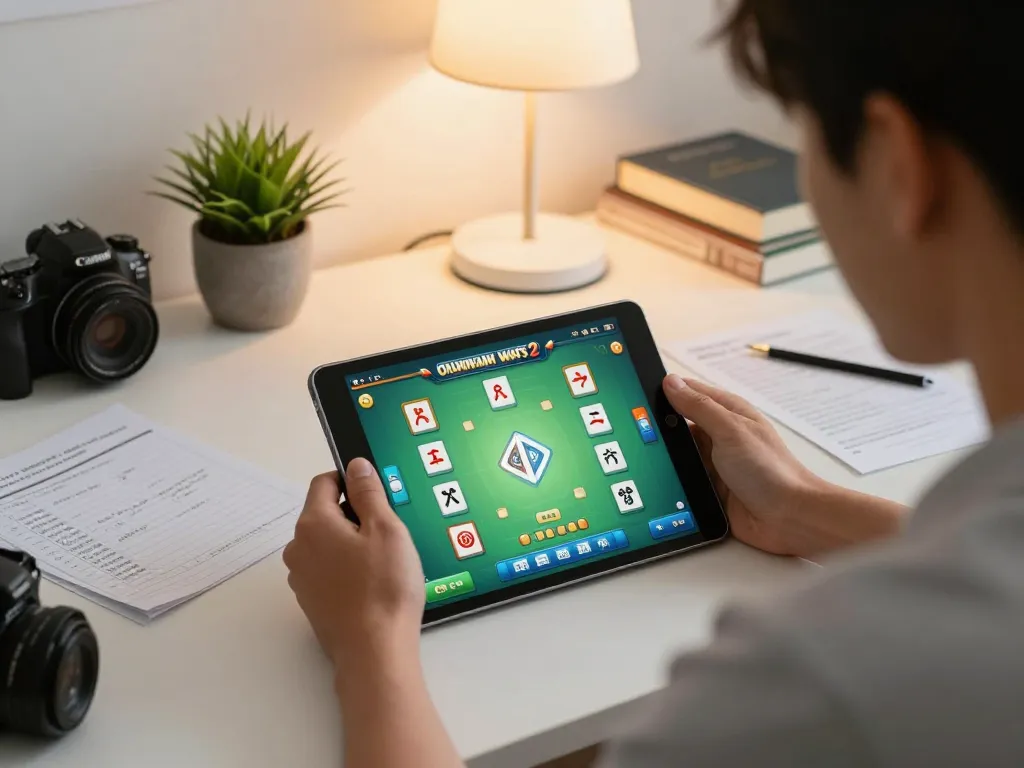 Terlibat dalam observasi pola digital mahjong ways 2 dengan permainan tablet, menampilkan strategi dan catatan.