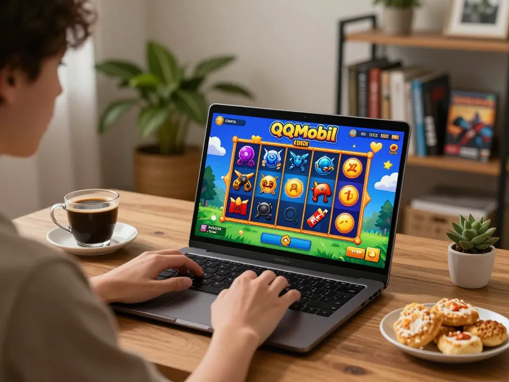 Engaging in QQMobil online slot gaming from a stylish home setup with vibrant visuals.