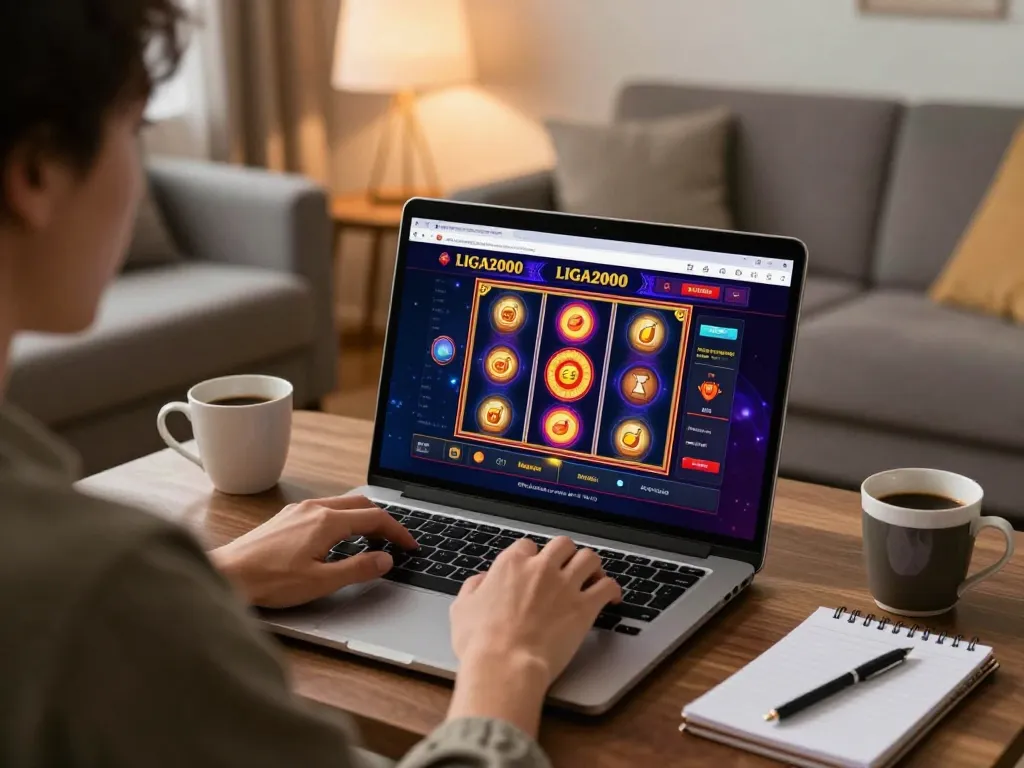 Engaging in responsible gaming with LIGA2000 online slots, showcasing interactive gameplay at home.