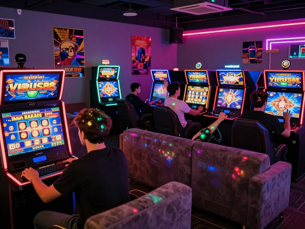 Ruang permainan slot online VIRUS88 yang menarik dengan pemain dan layar berwarna-warni.