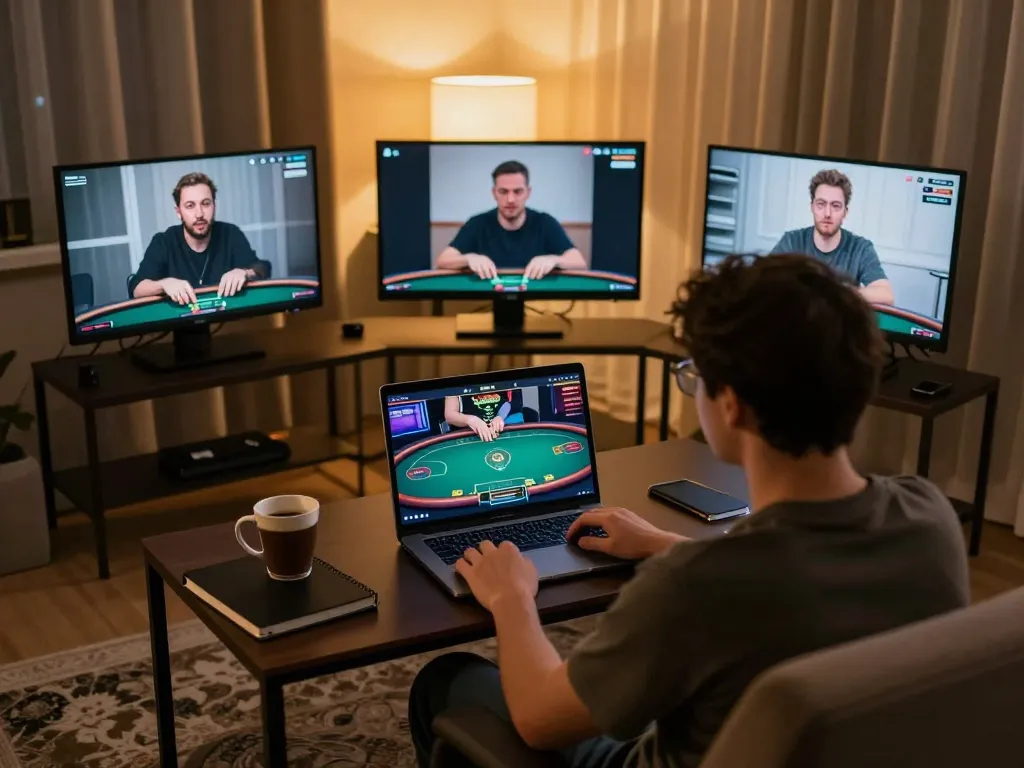 Engaging in a strategic online poker game with Ga28 on a cozy living room setup.