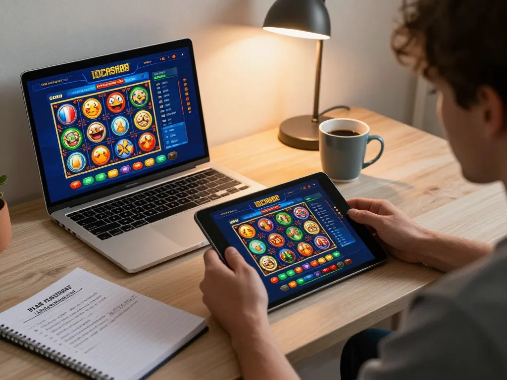Online player engaging with IDCASH88 casino app on tablet, showcasing vibrant gaming experience