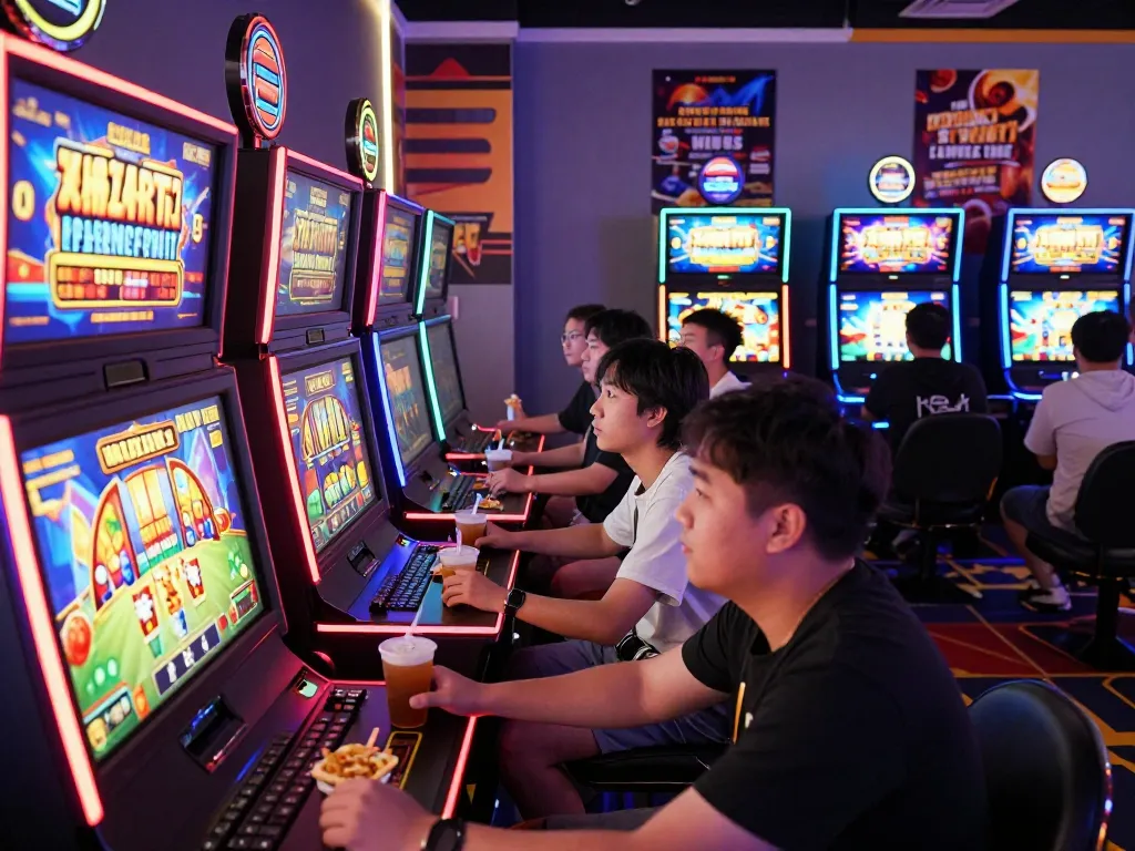 Pemain yang terlibat merasakan kegembiraan di platform permainan online virus88 dengan mesin slot yang berwarna-warni.