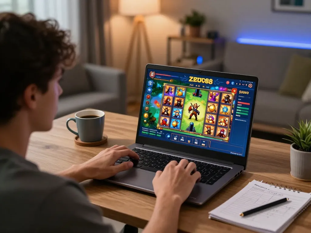 Engage with Zeus222 by playing exciting Zeus Slot88 in a cozy home office.