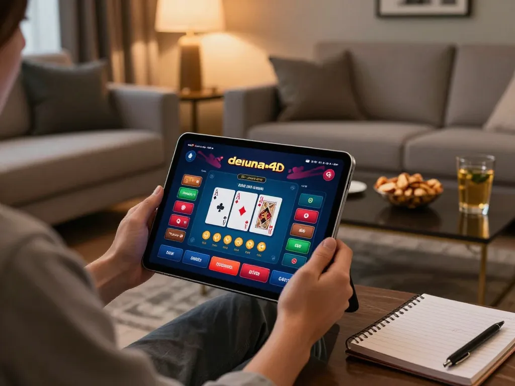 Mainkan aplikasi kasino deluna4d di tablet di ruang tamu modern yang nyaman, meningkatkan pengalaman bermain game online.