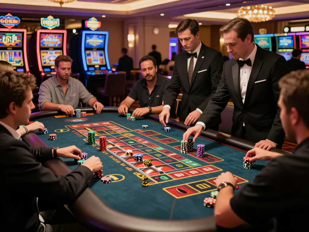 Players place bets at the lively roulette table in UG88's vibrant casino atmosphere.