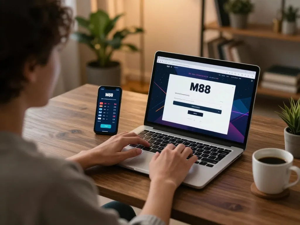 Layar login M88 yang ditampilkan dalam pengaturan permainan rumah yang bergaya, menyoroti perjudian online strategis.