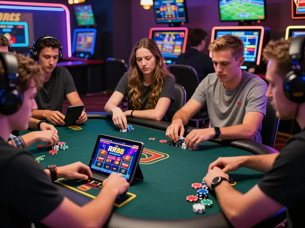 Diverse players enjoying games on RR88 online casino platform with vibrant gaming ambiance.