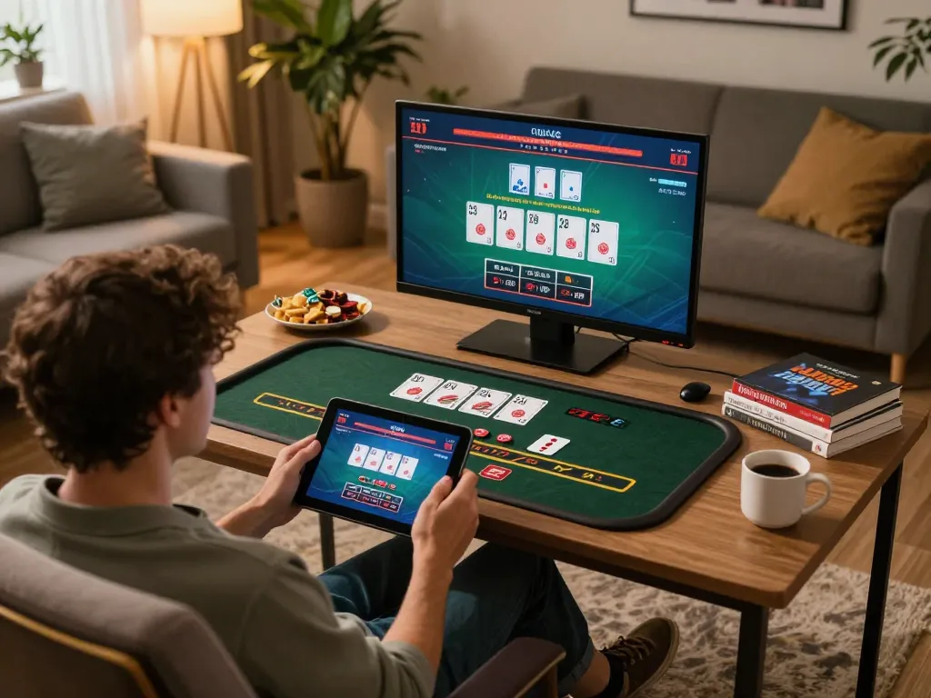 Player using a tablet for live dealer games on VA88 platform, showcasing engaging blackjack session with warm ambiance.