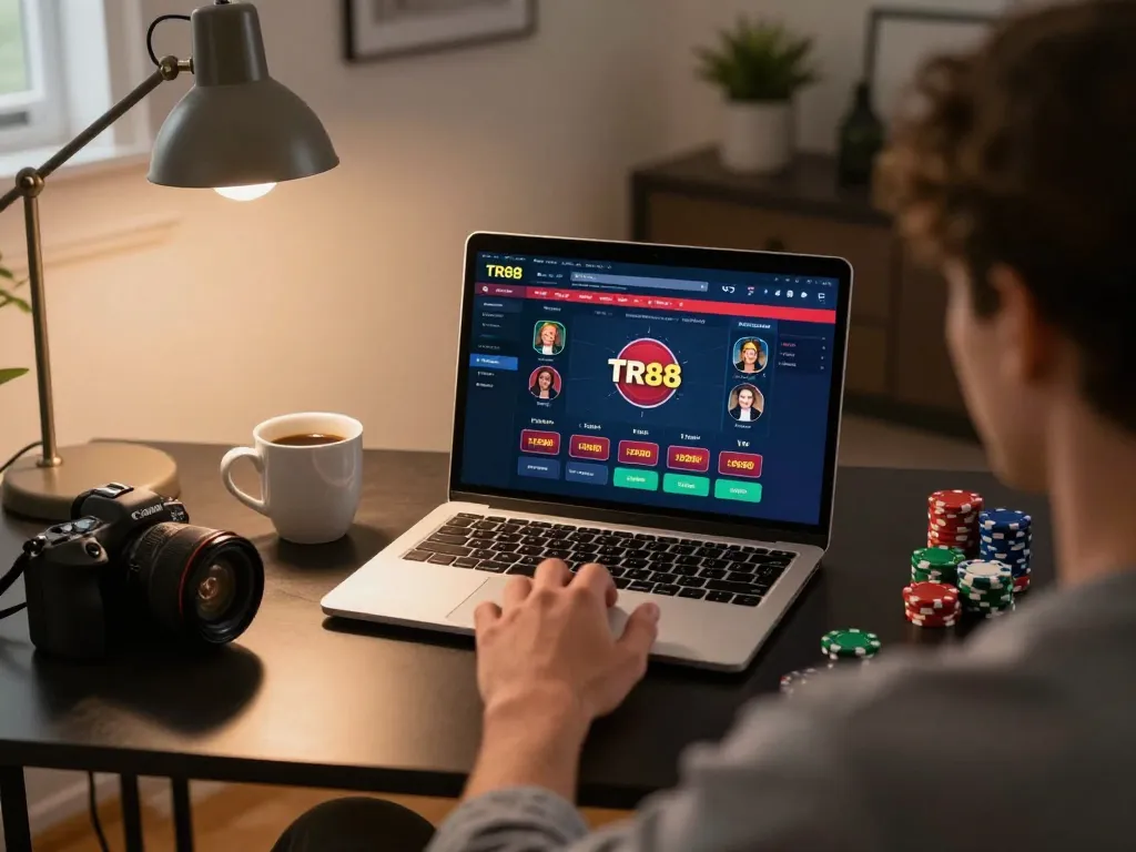 Enjoying TR88 online casino gaming with a laptop and colorful chips in a cozy home setup.