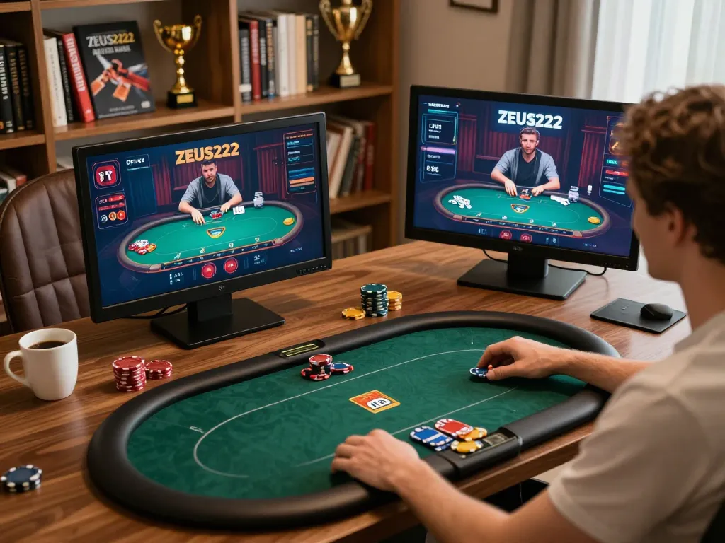 Experience the excitement of ZEUS222 while playing online poker in a stylish, modern home setup.