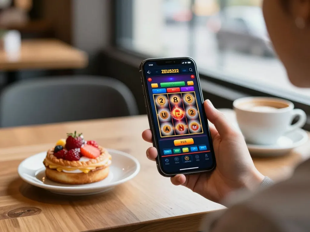 Engaging gaming with ZEUS222 app on smartphone at a café, showcasing colorful slot reels.