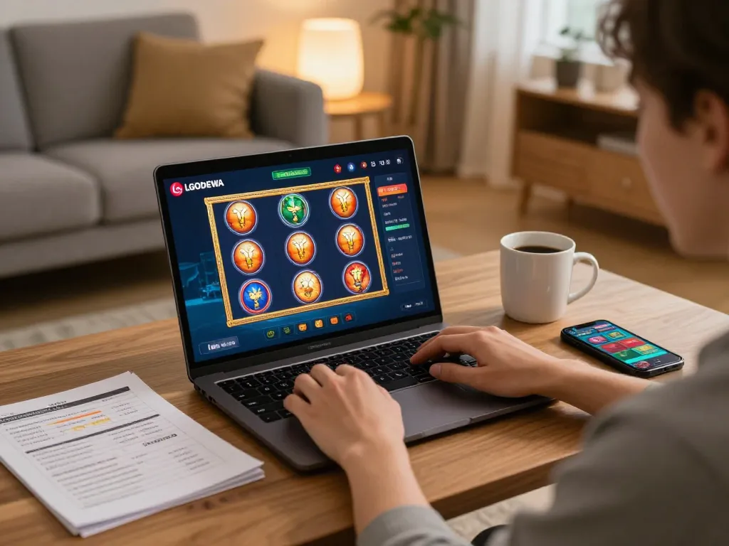 Player engaging with LGODEWA online casino platform on laptop, showcasing vibrant slot games.