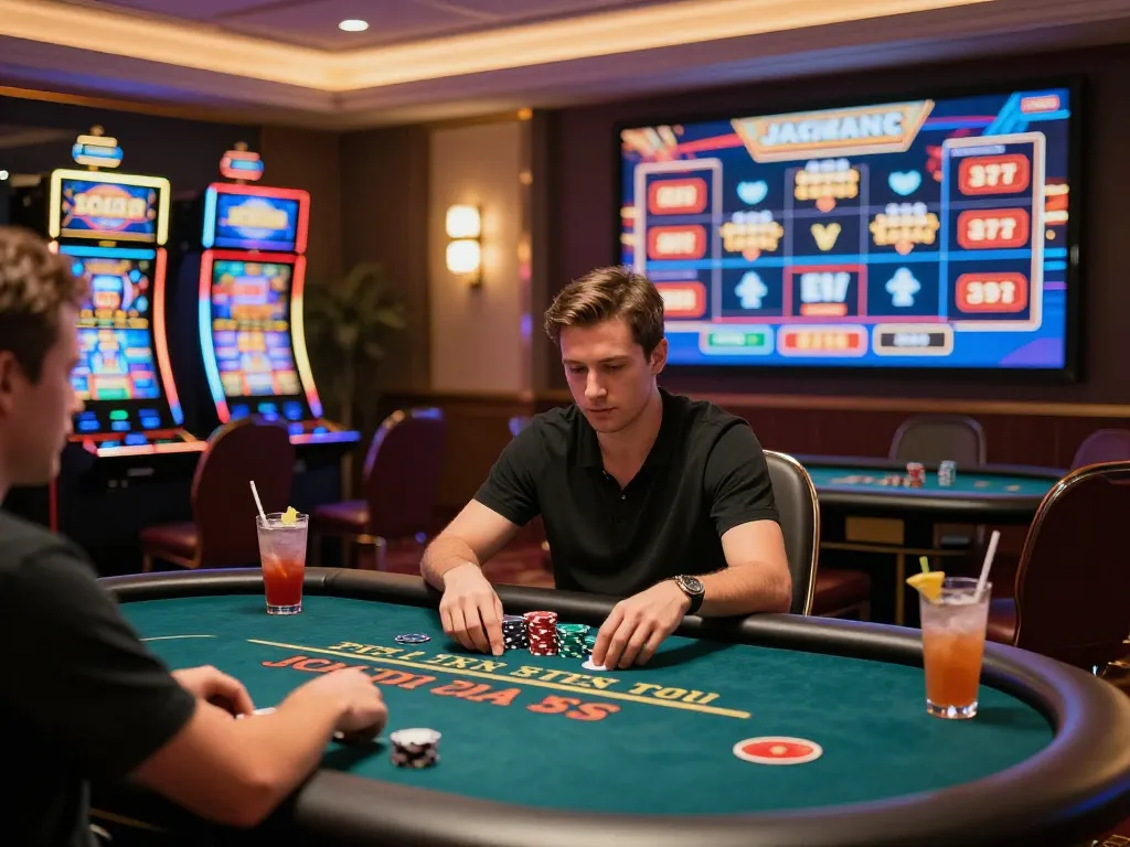 MM88 online casino player engaging in a thrilling live poker game, surrounded by vibrant slot machines, showcasing a luxurious gaming atmosphere.