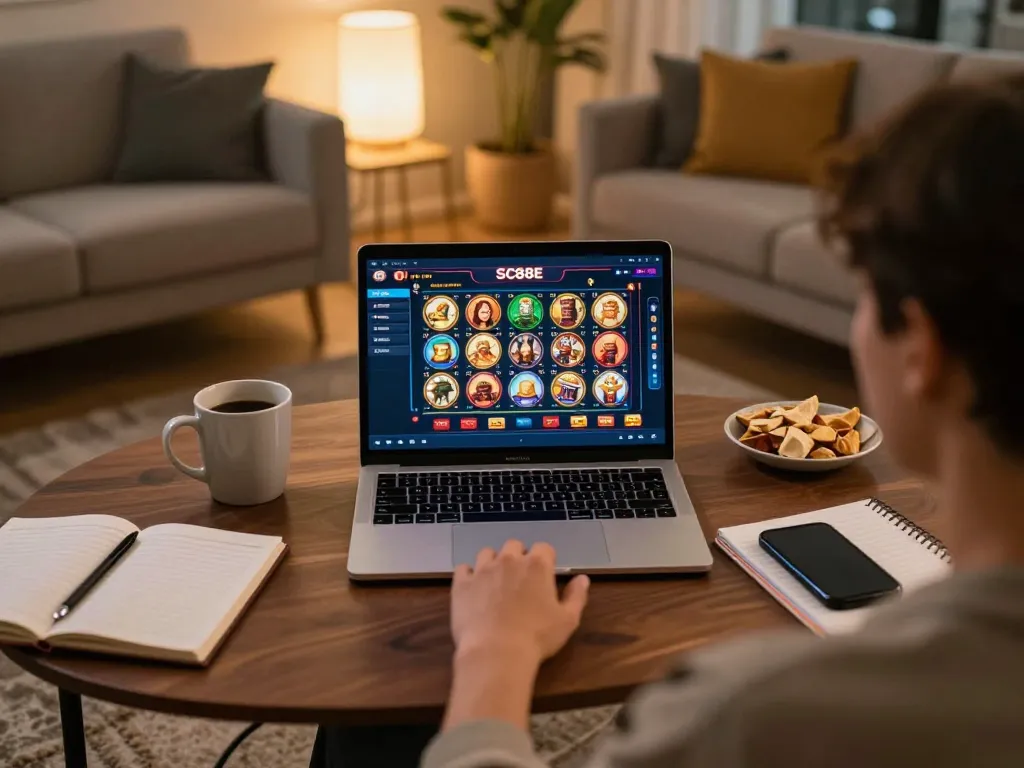 Engaging in online casino gaming on SC88E app from a cozy home setup, showcasing player focus and strategic preparation.