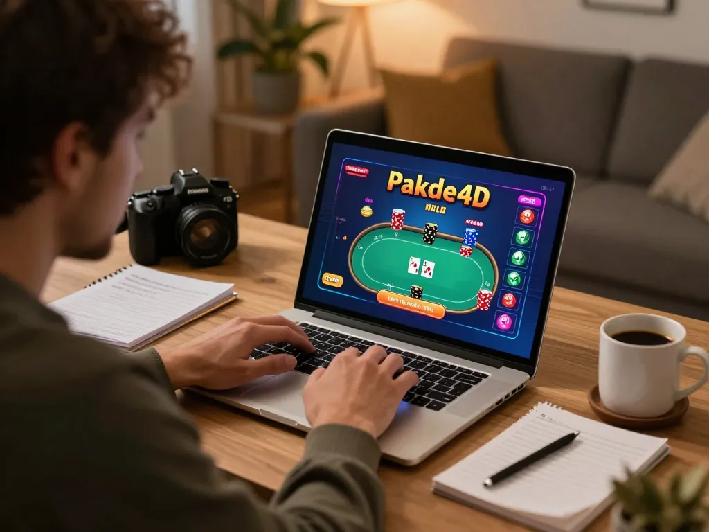 Player engaging with Pakde4D online gaming interface on laptop, showcasing strategic bankroll management.